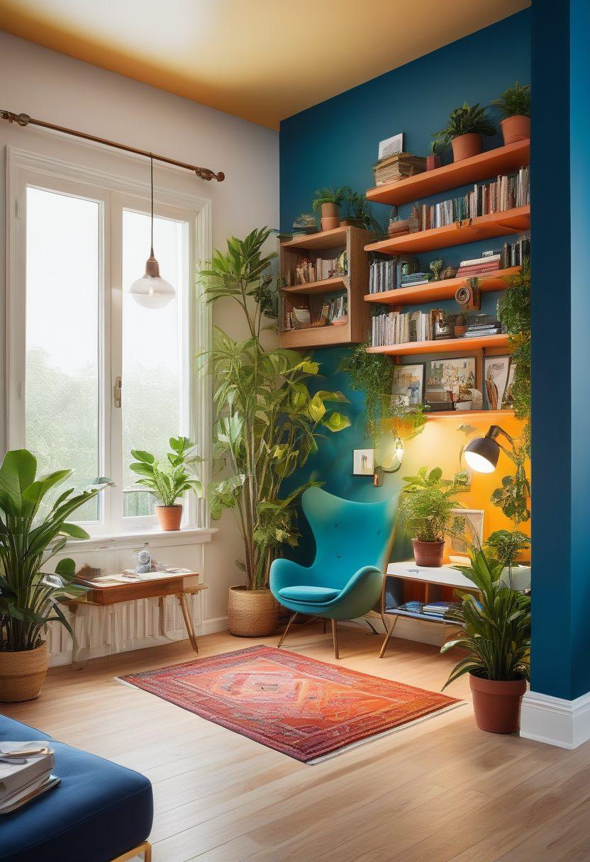 A vibrant collage illustrating the fusion of technology and lifestyle; featuring a sleek smartphone displaying popular apps on one side, contrasted with a cozy home scene with books and plants on the other. Include a whimsical lightbulb symbolizing ideas above. The background should be dynamic with a gradient of technology blue and warm lifestyle tones. super-realistic. vibrant colors. white background.