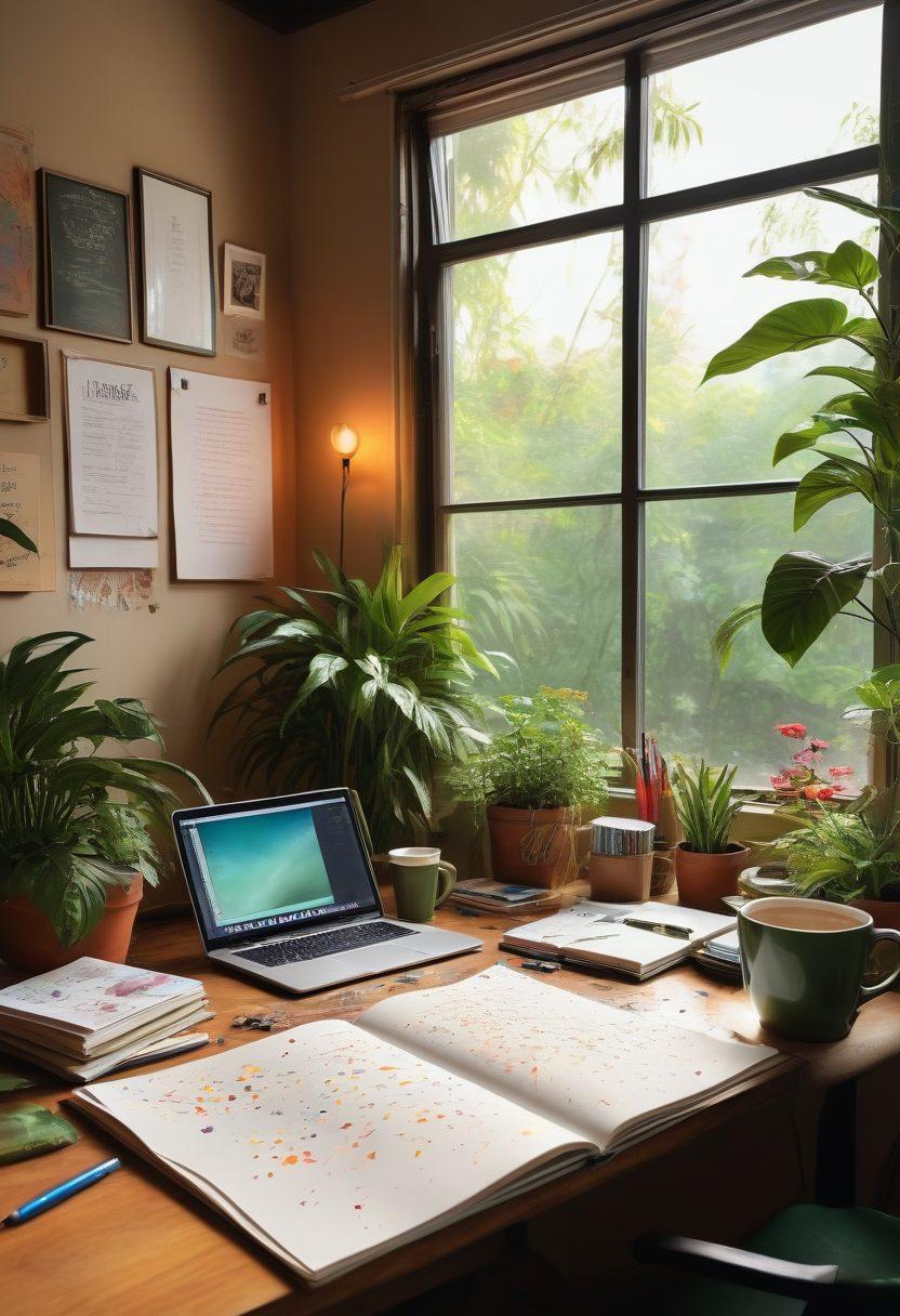 An open journal with colorful sketches, vibrant paint splatters, and handwritten notes scattered around. In the background, a cozy workspace filled with plants, a steaming cup of coffee, and a glowing computer screen displaying a blog layout. Soft natural light filtering through a window creates a warm atmosphere, symbolizing inspiration and creativity. super-realistic. vibrant colors. 3D.