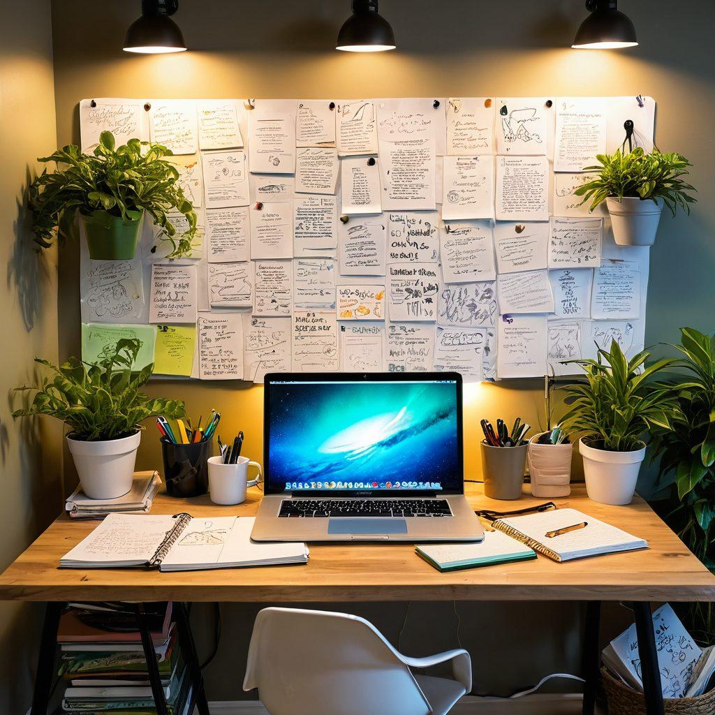 A vibrant workspace filled with notebooks, pens, and a laptop showcasing a partially written article. Include a light bulb overhead symbolizing ideas, plants for creativity, and coffee for inspiration. A person can be seen typing focused intently, surrounded by brainstorming sketches and thoughts pinned on a board. super-realistic. vibrant colors. warm lighting.